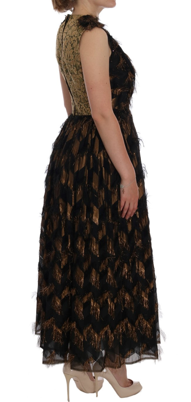 Dolce & Gabbana Black silk dress with brown fringes in A-line